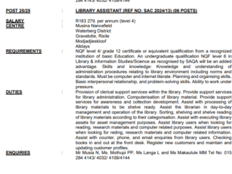 Department of Sport, Arts & Culture is hiring Library Assistants