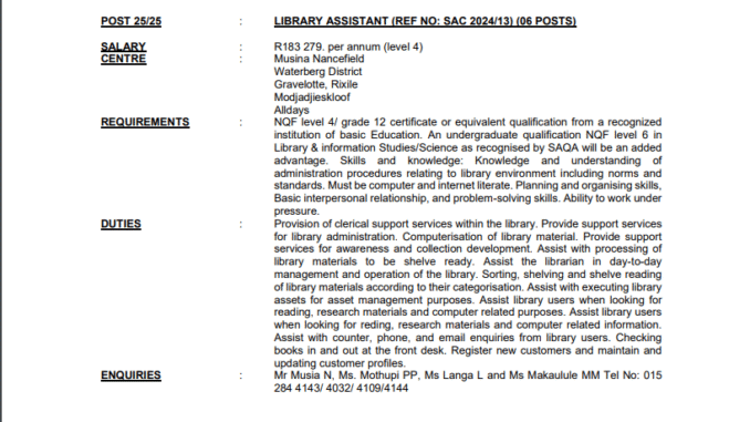 Department of Sport, Arts & Culture is hiring Library Assistants Department of Sport, Arts & Culture is hiring Library Assistants