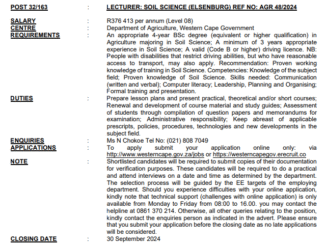 Department of Agriculture is looking for a Lecturer