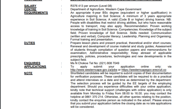 Department of Agriculture is looking for a Lecturer Department of Agriculture is looking for a Lecturer