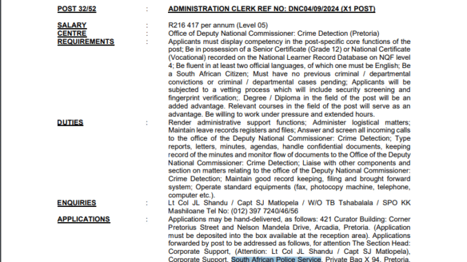 South African Police Service is hiring Administration Clerk South African Police Service is hiring Administration Clerk