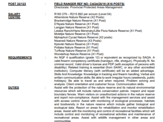X16 Field Ranger vacancies at Department of Economic Development