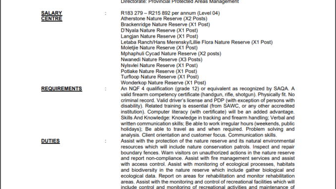X16 Field Ranger vacancies at Department of Economic Development X16 Field Ranger vacancies at Department of Economic Development